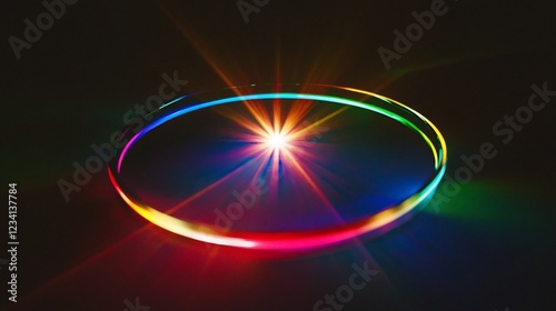 A luminous ring with colorful light rays in a dark environment is presented