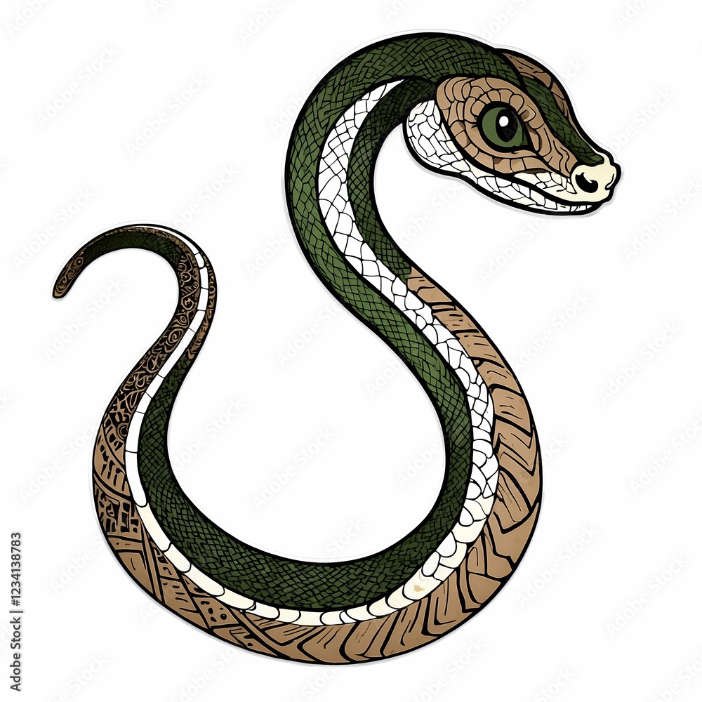 Obraz premium A colorful illustrated snake with intricate patterns, showing a combination of green and brown hues in its design on a white background. Generative AI