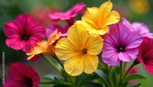 Multicolored petunias in a garden scene on a colorful postcard, postcard, flowers, flowers