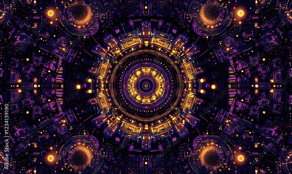 Golden Mandala, Purple, Futuristic, Technology, Abstract Background, for Sci-Fi Design Golden Mandala, Purple, Futuristic, Technology, Abstract Background, for Sci-Fi Design