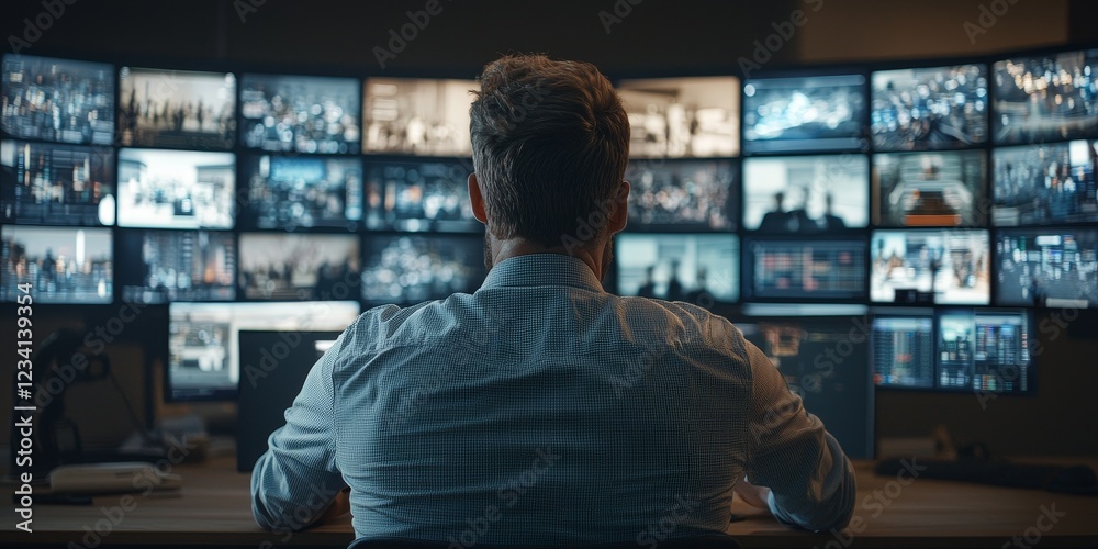 A person monitors multiple screens displaying various images, suggesting surveillance or data analysis in a high-tech environment. A person monitors multiple screens displaying various images, suggesting surveillance or data analysis in a high-tech environment.