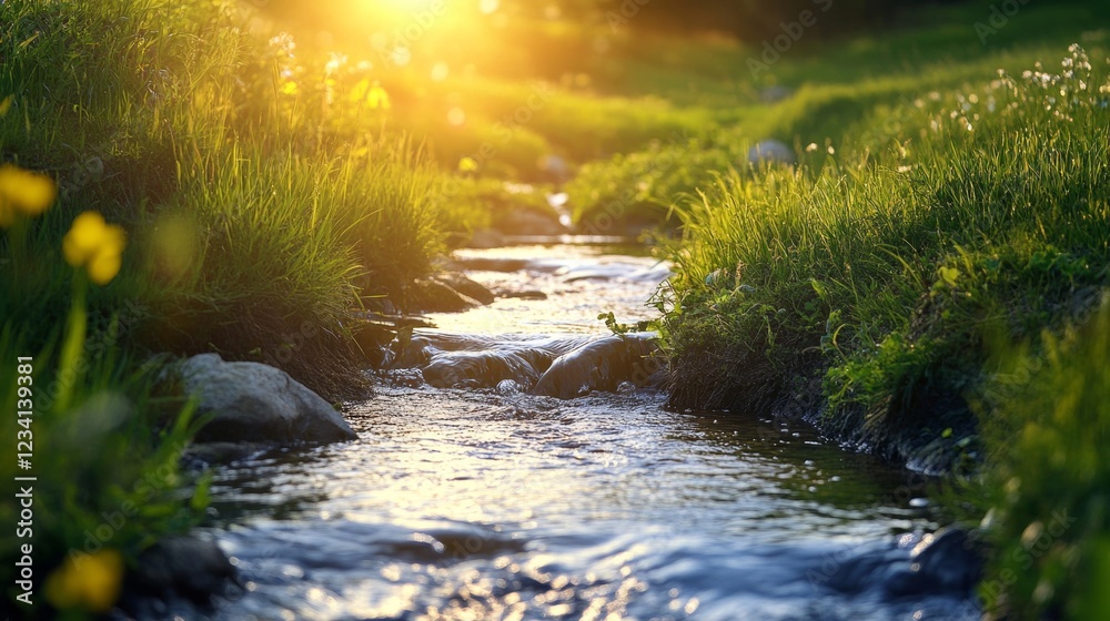 Obraz premium Small Stream Running Through Green Meadow at Sunrise with Flowers