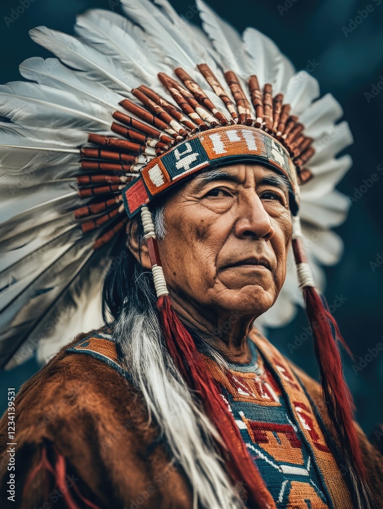 Obraz premium Native American Man with Feather Headdress