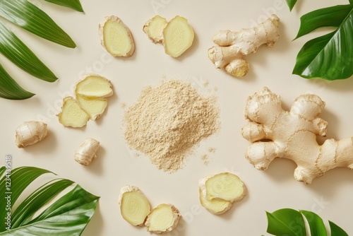 Fresh ginger root and ground powder beautifully arranged on white surface for culinary enthusiasts and wellness lovers showcasing natural ingredients photo