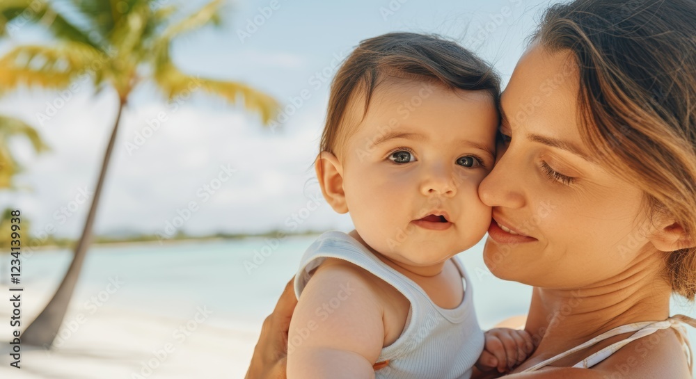 Mother and baby on tropical beach - caucasian female and child bonding Mother and baby on tropical beach - caucasian female and child bonding