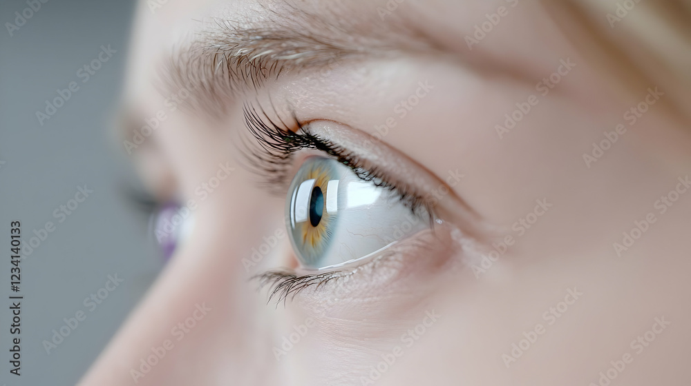 Obraz premium Woman's eye looking sideways, close-up, grey background, medical use