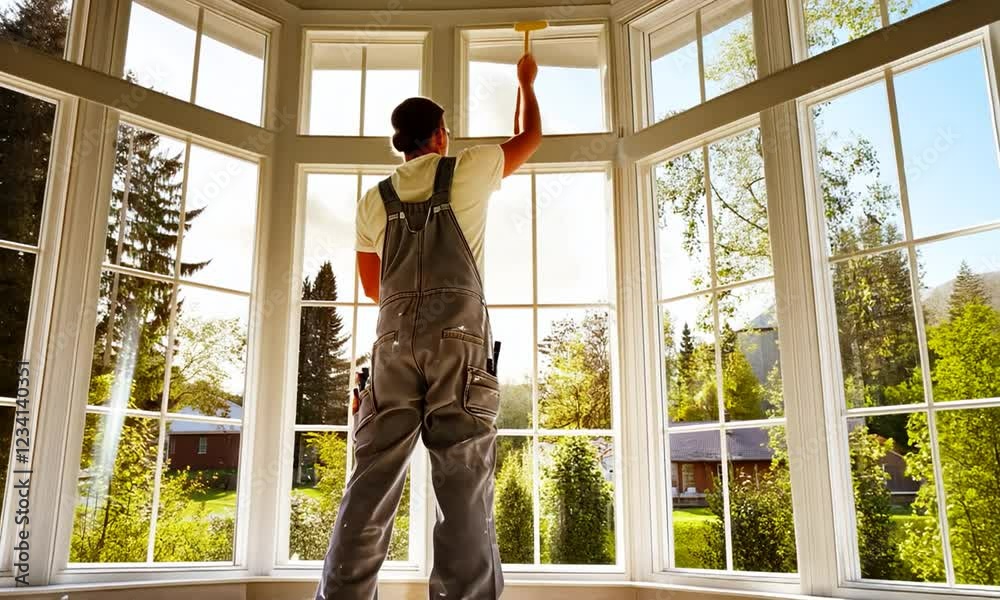 Man painting windows in a bright room with nature outside