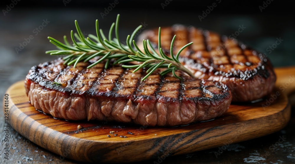 Perfectly grilled beef steaks with crispy crust and tender texture, garnished with rosemary, mouthwatering barbecue meat on a wooden serving board Perfectly grilled beef steaks with crispy crust and tender texture, garnished with rosemary, mouthwatering barbecue meat on a wooden serving board