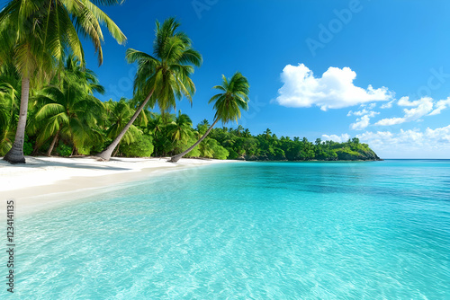 Clear turquoise waters and swaying palm trees create a tropical paradise beach with lush greenery in the background during a sunny day