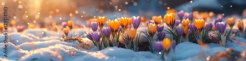 Spring s Awakening Purple and Yellow Crocus Flowers Emerge from Melting Snow in Golden Hour Light