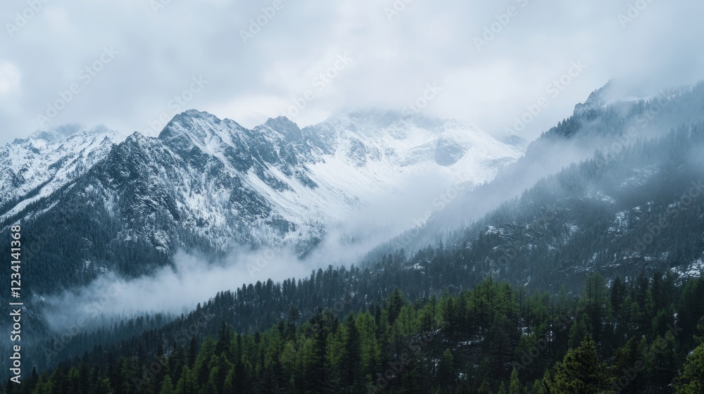 Obraz premium Majestic Mountain Range with Fresh Snow Under Cloudy Sky