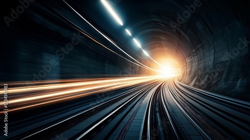 A tunnel with bright light at the end creates a sense of motion, depicting a train speeding through dark tracks.
