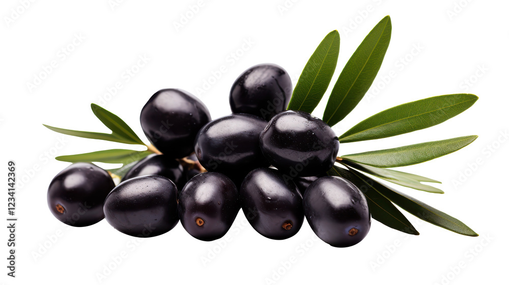 A beautiful cluster of ripe black olives rests on green leaves against a white background. These olives are ideal for enhancing the flavor of various dishes and healthy snacks A beautiful cluster of ripe black olives rests on green leaves against a white background. These olives are ideal for enhancing the flavor of various dishes and healthy snacks