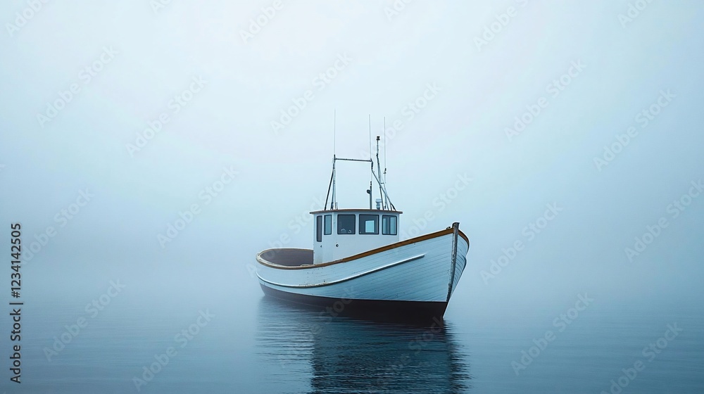 Foggy harbor, lone fishing boat at sea, calm water, tranquil scene, nautical poster Foggy harbor, lone fishing boat at sea, calm water, tranquil scene, nautical poster