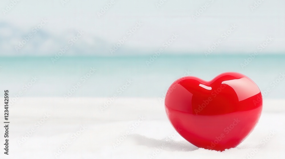 Red heart placed on sandy beach with blue sky and clouds in the background during sunny day Red heart placed on sandy beach with blue sky and clouds in the background during sunny day