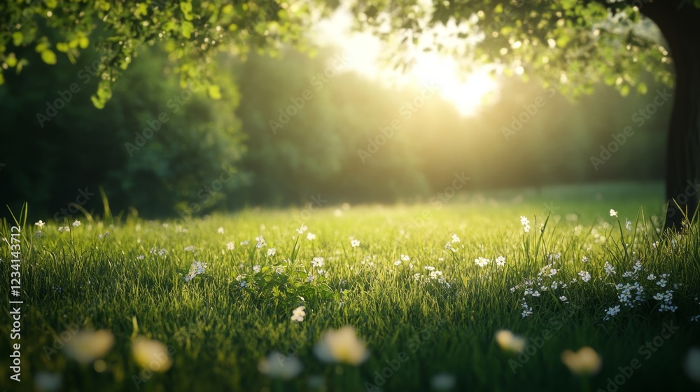 Fresh Grass with Small Budding Wildflowers Under Soft Morning Light
