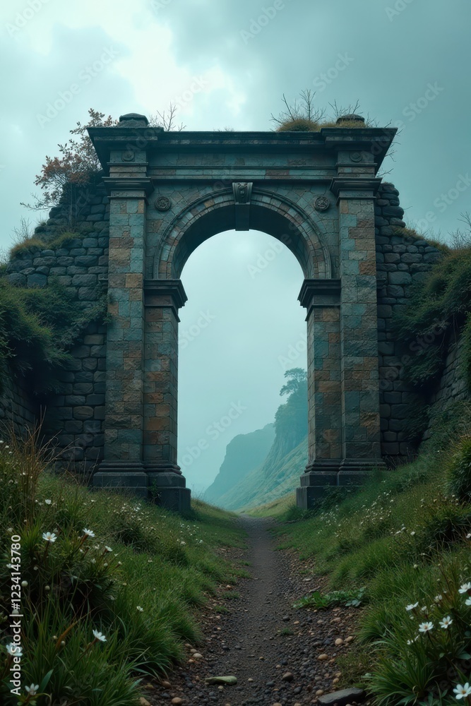 Fototapeta premium Ruined stone gateway blends into misty cloudy sky amidst nature, mysterious, entrance, ancient