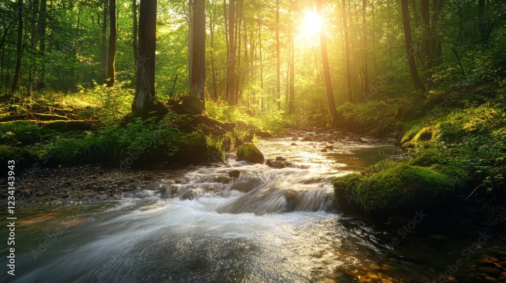 Obraz premium Sunlight Filtering Through Trees Overflowing Freshwater Stream