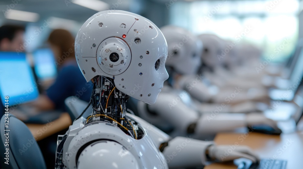 Fototapeta premium A white AI robot is working with a computer.