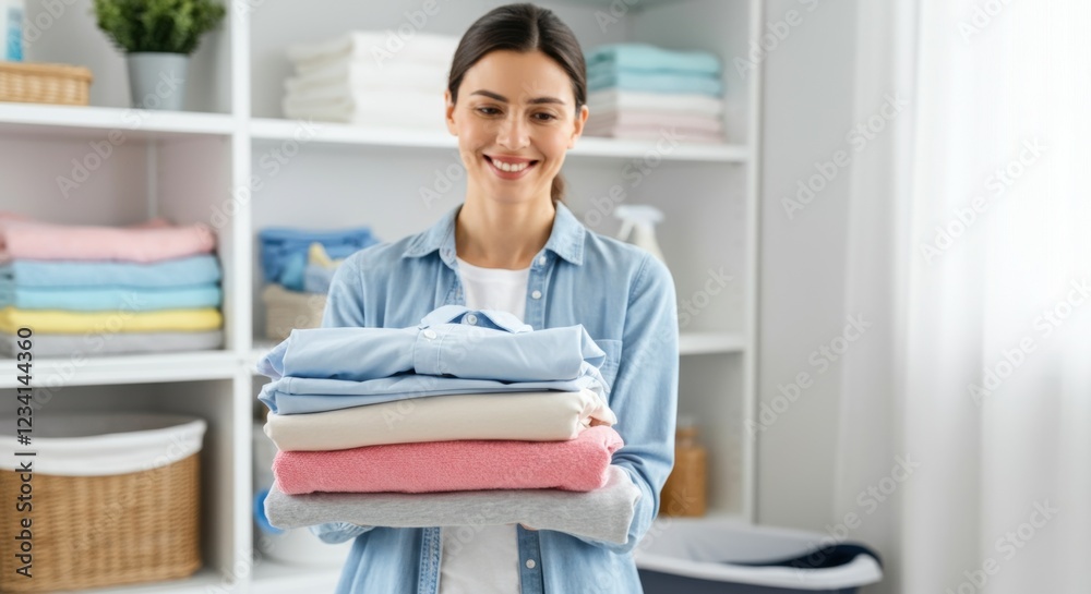 Young hispanic adult female smiling while holding folded laundry in modern home laundry room Young hispanic adult female smiling while holding folded laundry in modern home laundry room