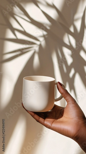 An empty mockup of dark skinned hand holding a white mug with shadows on background photo