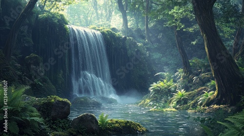 Misty waterfall in lush forest; tranquil nature scene