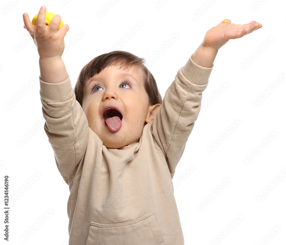 Cute little child with tasty mochi on white background Cute little child with tasty mochi on white background