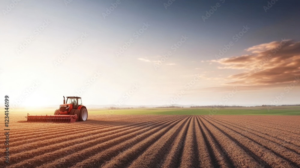 Tractor in a field during sunset with vibrant colors and silhouette landscape scenery Tractor in a field during sunset with vibrant colors and silhouette landscape scenery