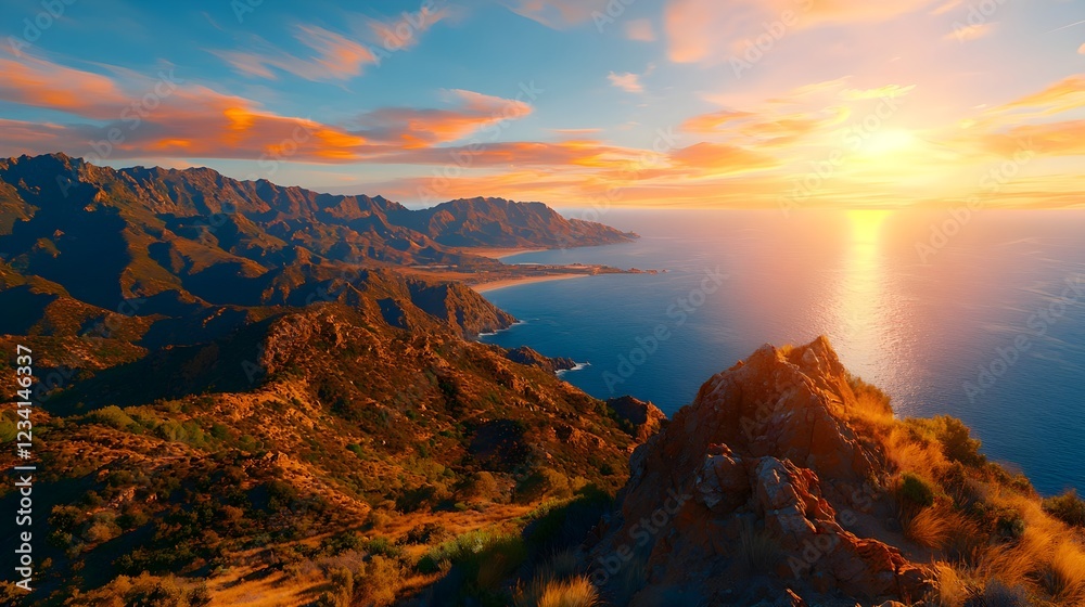 Fototapeta premium Coastal Sunset Landscape with Mountains