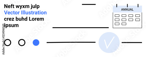 Annual calendar next to list with circle options, progress checkmark, and text lines. Ideal for scheduling, planning, productivity, task management, time organization workflow efficiency. Landing