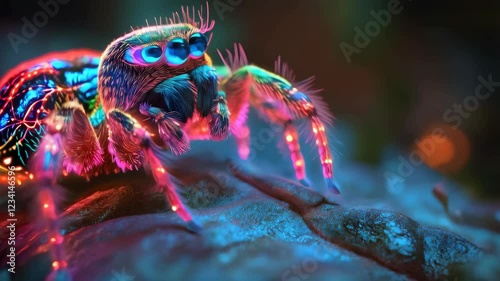 Vibrant bioluminescent spider moves across a forest floor with neon glow