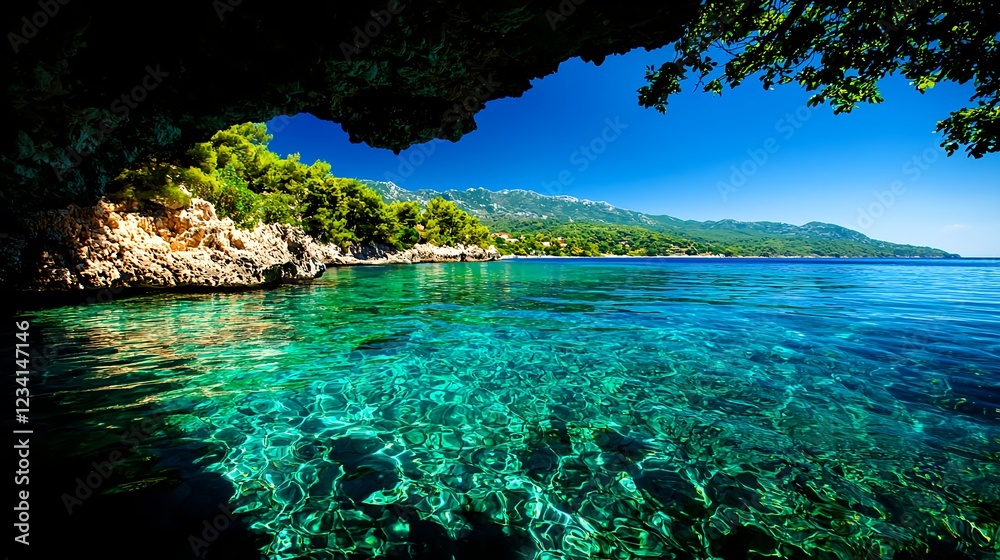 Fototapeta premium Coastal View of Turquoise Sea and Rocky Shore