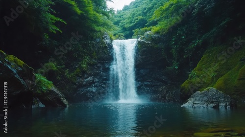 Lush forest waterfall cascading into pool