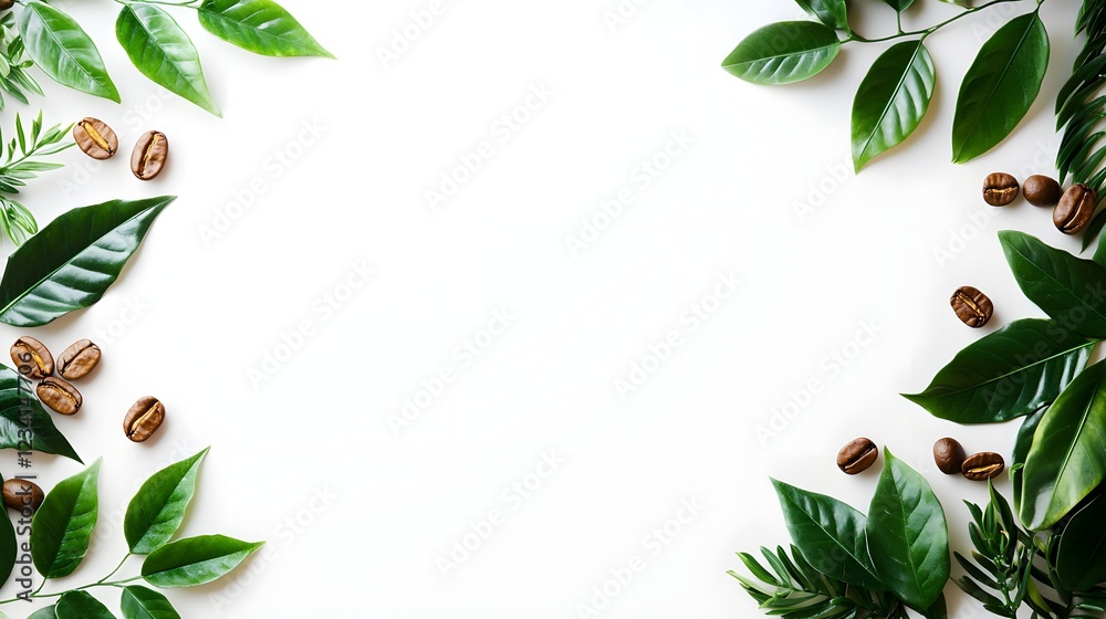 Fototapeta premium Coffee Beans and Green Leaves on White Background