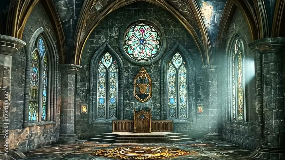 Gothic chapel throne room, stained glass, sunlit, fantasy background, game design