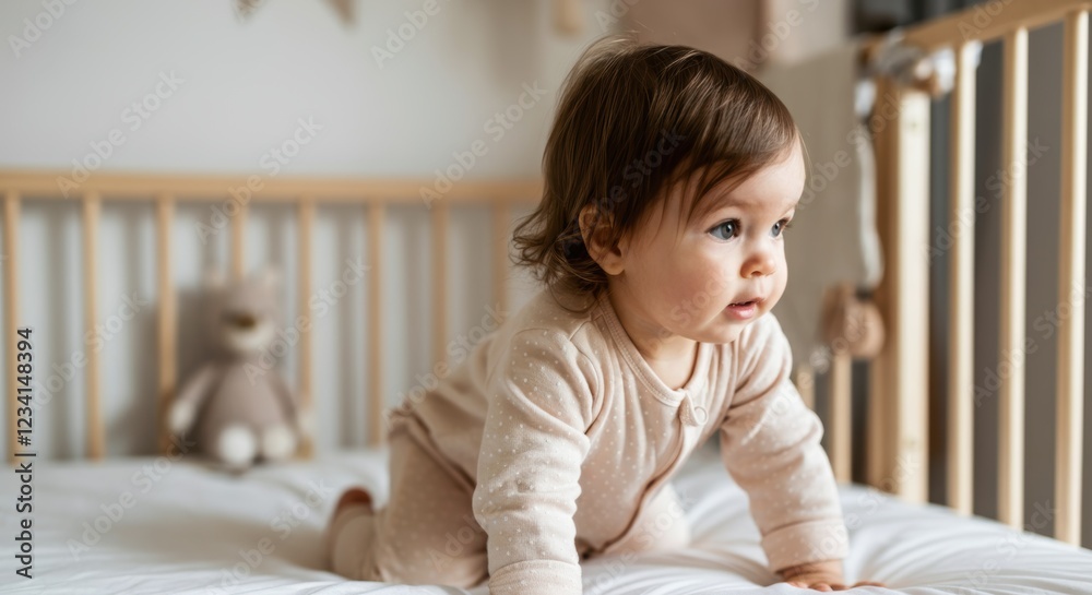 Curious caucasian baby in pajamas crawling on bed in cozy nursery room Curious caucasian baby in pajamas crawling on bed in cozy nursery room