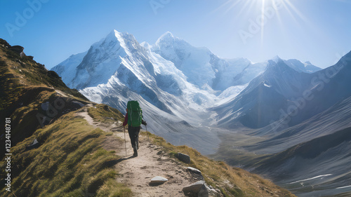 Hiker trekking through grassy hills with snow capped peaks in the background photo