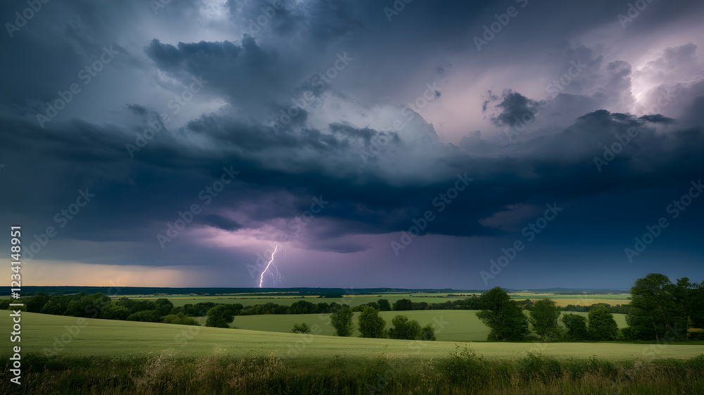Dramatic sky with dark clouds and lightning, rolling green fields below Dramatic sky with dark clouds and lightning, rolling green fields below
