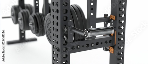 Gym Rack with Barbell, Weights, Studio Background photo