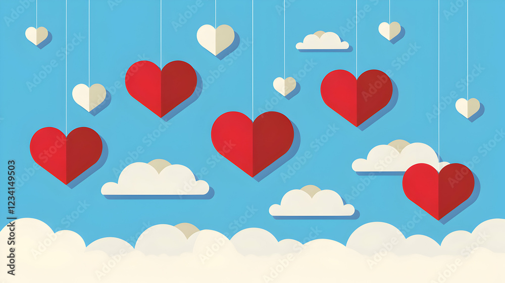 Vibrant blue sky with floating heart shaped objects amongst fluffy clouds Vibrant blue sky with floating heart shaped objects amongst fluffy clouds