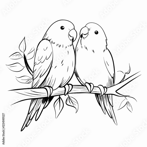 Two lovebirds sitting on a branch in black and white sketch