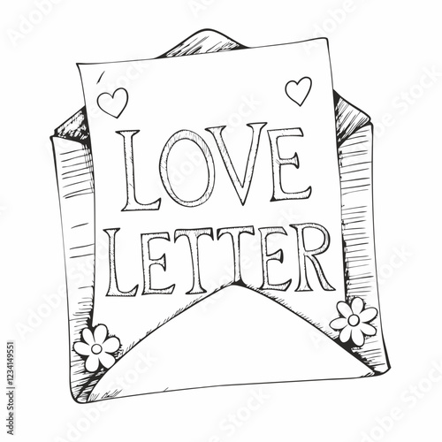 Love letter in an open envelope with floral decorations