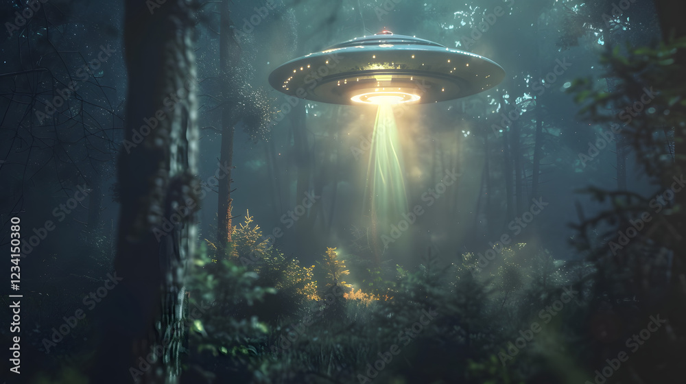 Fototapeta premium UFO with Beam Light Showcasing Futuristic Technology