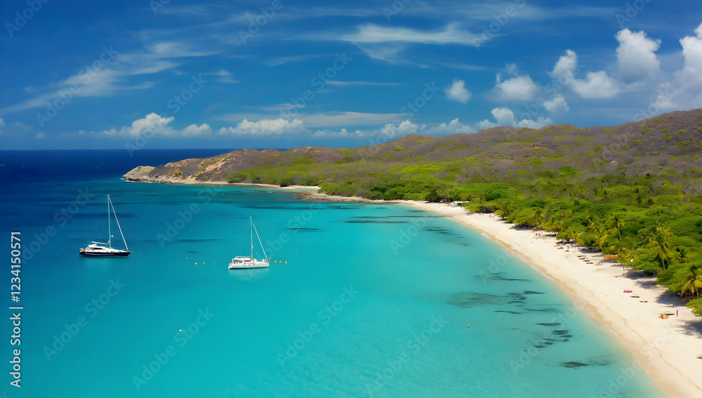 Obraz premium Tropical beach, sailboats, lush trees, and azure waters under clear blue sky