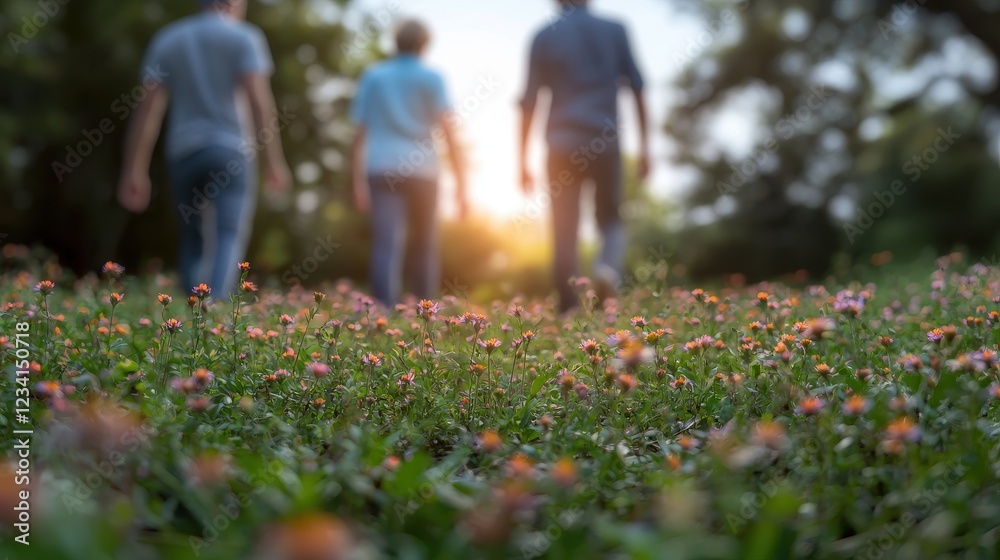 Fototapeta premium People Walking in a Field of Vibrant Flowers
