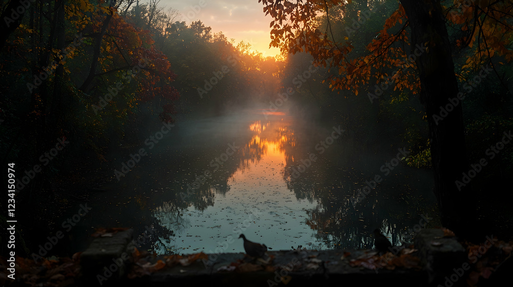 Fototapeta premium Autumn sunrise over misty lake, bird on wall