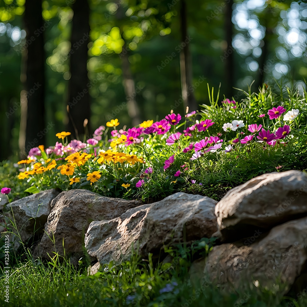 Colorful Cosmos Flowers Blooming Among Rocks Colorful Cosmos Flowers Blooming Among Rocks
