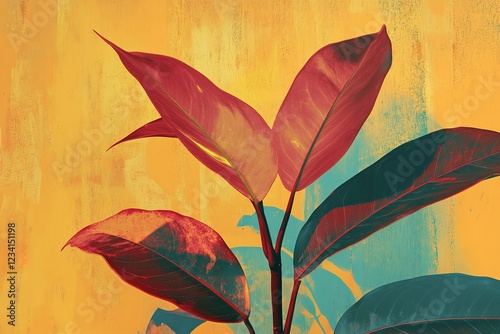 abstract botanical artwork proposing minimalist leaves in vibrant yellow red and green backgrounds blending natural and present day photo