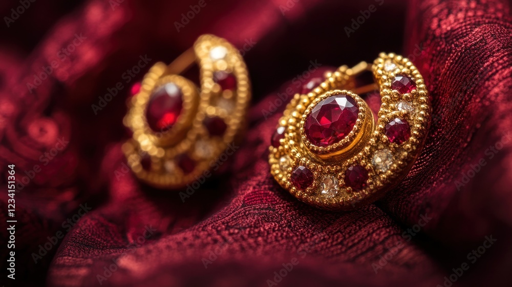 Luxury Ruby and Diamond Earrings on Red Silk Luxury Ruby and Diamond Earrings on Red Silk
