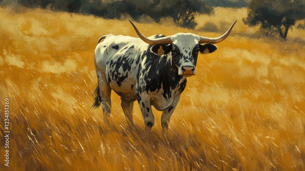 Sunlit black spotted bull standing in an open field, golden grass swaying, peaceful rural Texas setting. Sunlit black spotted bull standing in an open field, golden grass swaying, peaceful rural Texas setting.